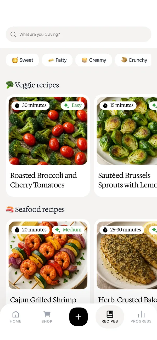 La app THINNR mostrando la biblioteca de recetas del protocolo